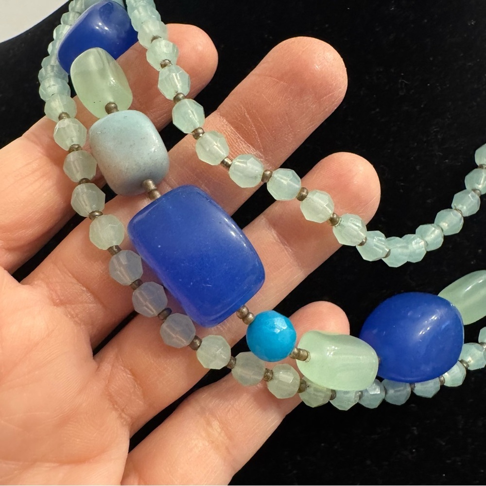 GEORGE Vintage Blue Green Glass Beaded Multi Strand Statement Necklace Signed